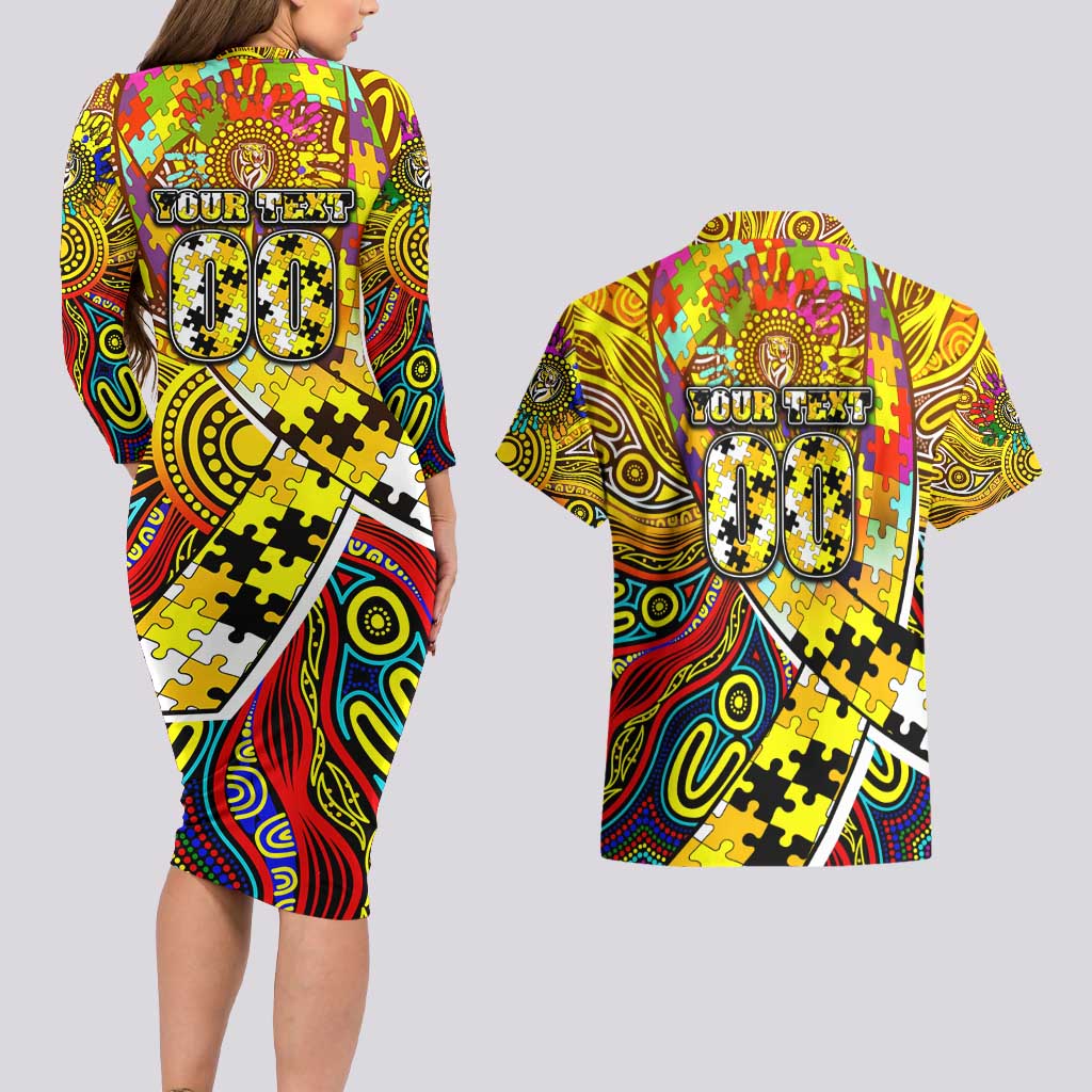 Autism Awareness Australia Richmond Tiger Couples Matching Long Sleeve Bodycon Dress and Hawaiian Shirt Aboriginal Indigenous Art