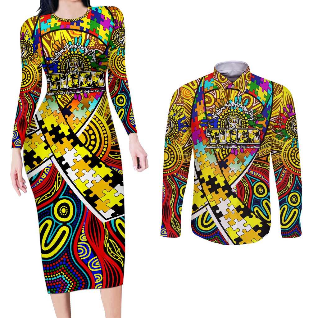 Autism Awareness Australia Richmond Tiger Couples Matching Long Sleeve Bodycon Dress and Long Sleeve Button Shirt Aboriginal Indigenous Art