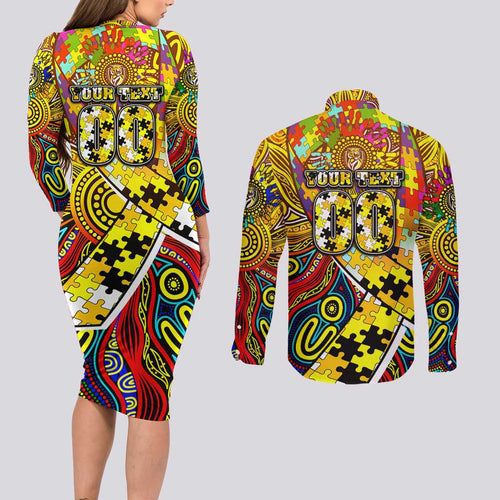 Autism Awareness Australia Richmond Tiger Couples Matching Long Sleeve Bodycon Dress and Long Sleeve Button Shirt Aboriginal Indigenous Art