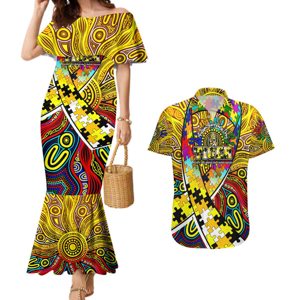 Autism Awareness Australia Richmond Tiger Couples Matching Mermaid Dress and Hawaiian Shirt Aboriginal Indigenous Art