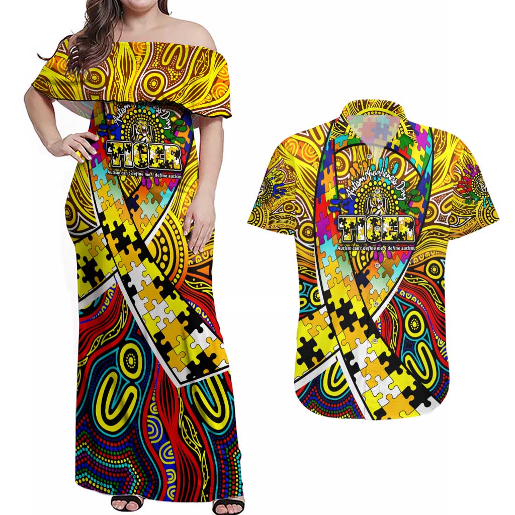 Autism Awareness Australia Richmond Tiger Couples Matching Off Shoulder Maxi Dress and Hawaiian Shirt Aboriginal Indigenous Art