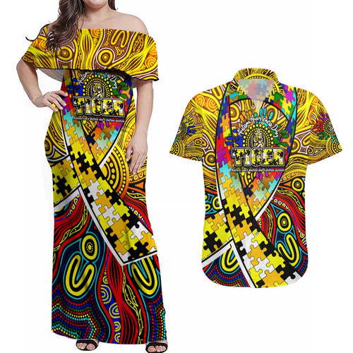 Autism Awareness Australia Richmond Tiger Couples Matching Off Shoulder Maxi Dress and Hawaiian Shirt Aboriginal Indigenous Art