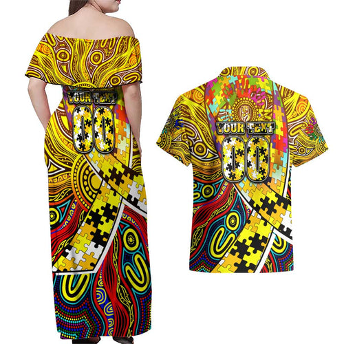 Autism Awareness Australia Richmond Tiger Couples Matching Off Shoulder Maxi Dress and Hawaiian Shirt Aboriginal Indigenous Art