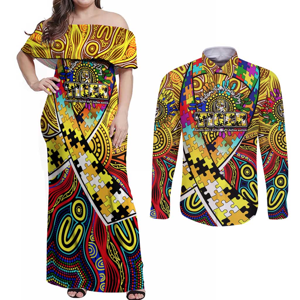 Autism Awareness Australia Richmond Tiger Couples Matching Off Shoulder Maxi Dress and Long Sleeve Button Shirt Aboriginal Indigenous Art
