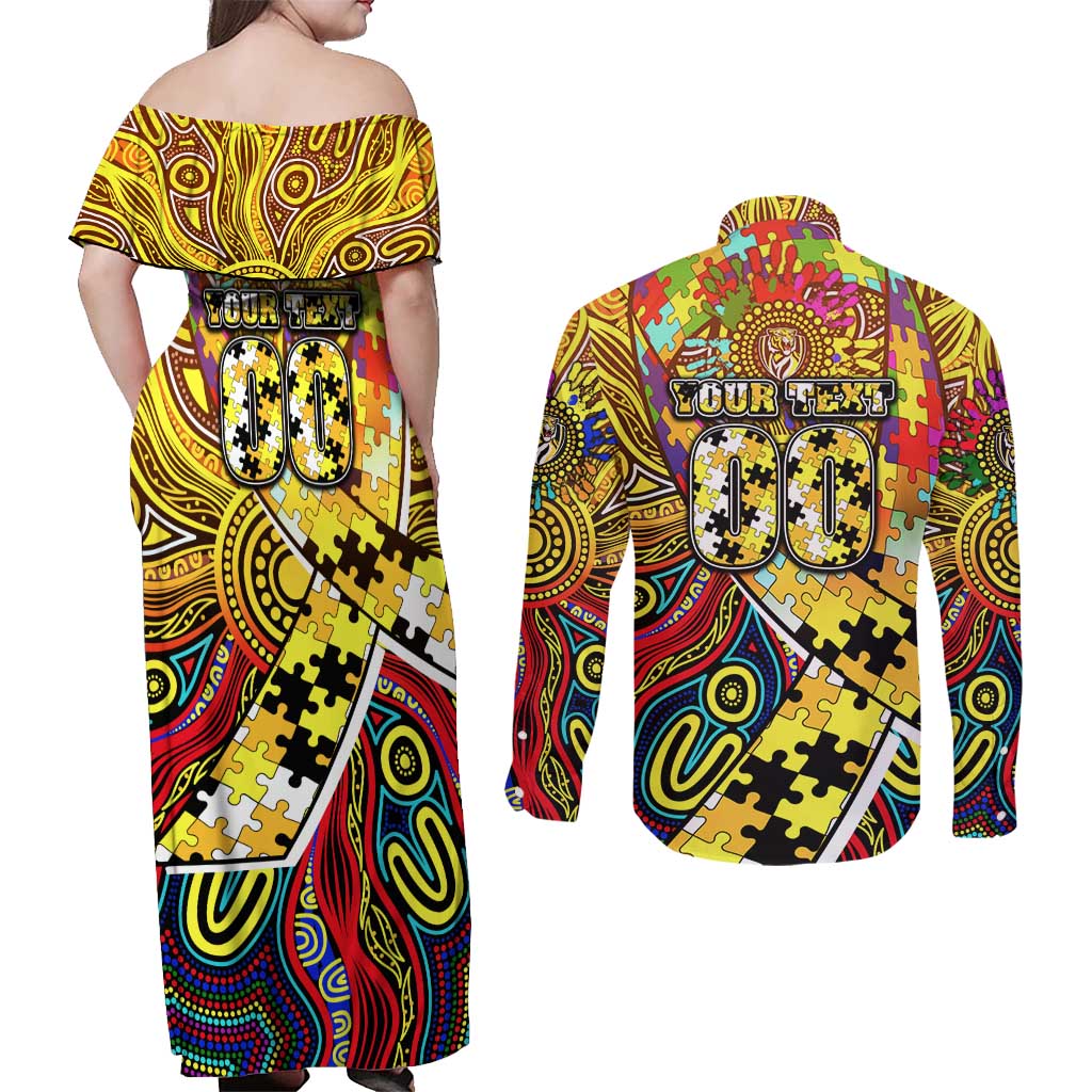 Autism Awareness Australia Richmond Tiger Couples Matching Off Shoulder Maxi Dress and Long Sleeve Button Shirt Aboriginal Indigenous Art