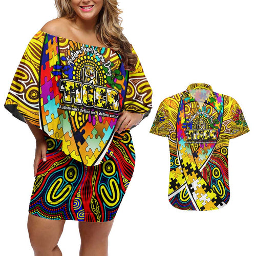 Autism Awareness Australia Richmond Tiger Couples Matching Off Shoulder Short Dress and Hawaiian Shirt Aboriginal Indigenous Art