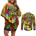 Autism Awareness Australia Richmond Tiger Couples Matching Off Shoulder Short Dress and Long Sleeve Button Shirt Aboriginal Indigenous Art