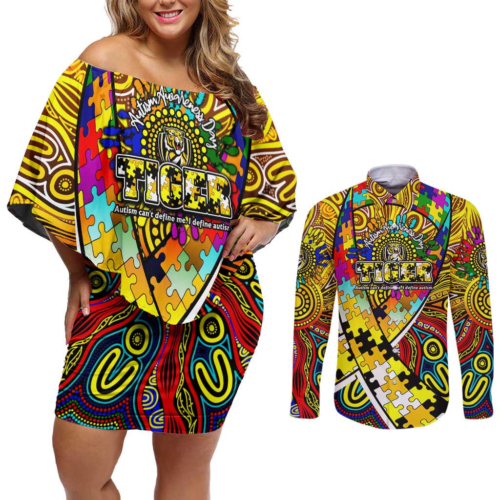 Autism Awareness Australia Richmond Tiger Couples Matching Off Shoulder Short Dress and Long Sleeve Button Shirt Aboriginal Indigenous Art
