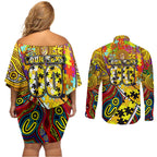 Autism Awareness Australia Richmond Tiger Couples Matching Off Shoulder Short Dress and Long Sleeve Button Shirt Aboriginal Indigenous Art