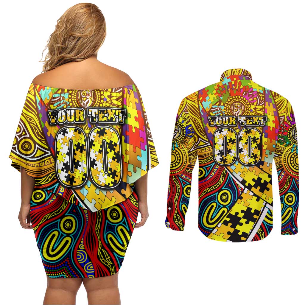 Autism Awareness Australia Richmond Tiger Couples Matching Off Shoulder Short Dress and Long Sleeve Button Shirt Aboriginal Indigenous Art