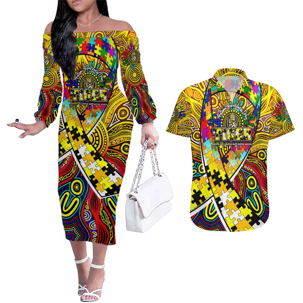 Autism Awareness Australia Richmond Tiger Couples Matching Off The Shoulder Long Sleeve Dress and Hawaiian Shirt Aboriginal Indigenous Art