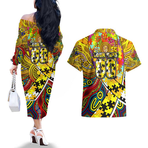 Autism Awareness Australia Richmond Tiger Couples Matching Off The Shoulder Long Sleeve Dress and Hawaiian Shirt Aboriginal Indigenous Art