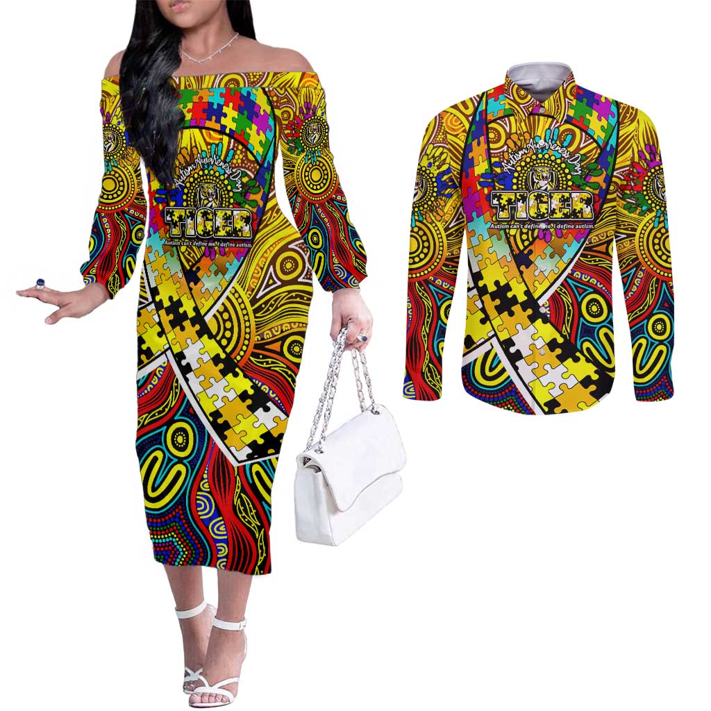 Autism Awareness Australia Richmond Tiger Couples Matching Off The Shoulder Long Sleeve Dress and Long Sleeve Button Shirt Aboriginal Indigenous Art