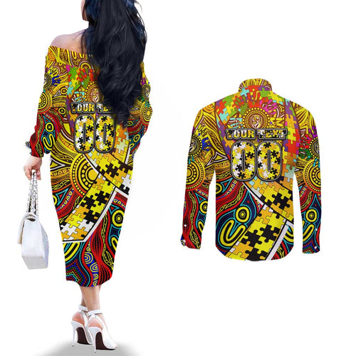 Autism Awareness Australia Richmond Tiger Couples Matching Off The Shoulder Long Sleeve Dress and Long Sleeve Button Shirt Aboriginal Indigenous Art