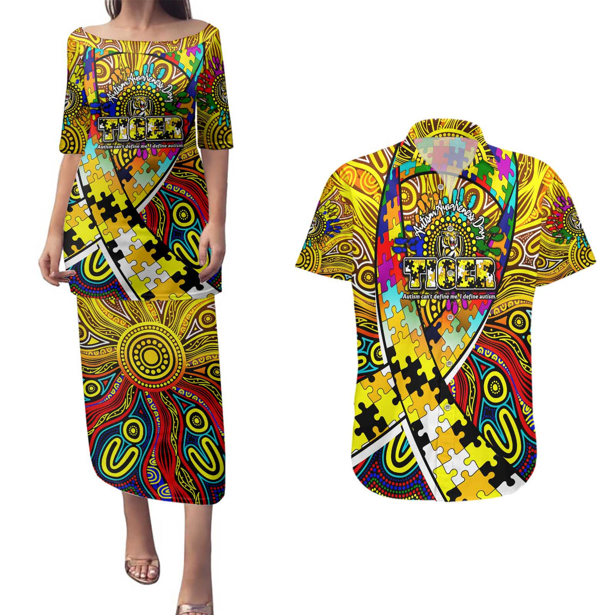 Autism Awareness Australia Richmond Tiger Couples Matching Puletasi and Hawaiian Shirt Aboriginal Indigenous Art