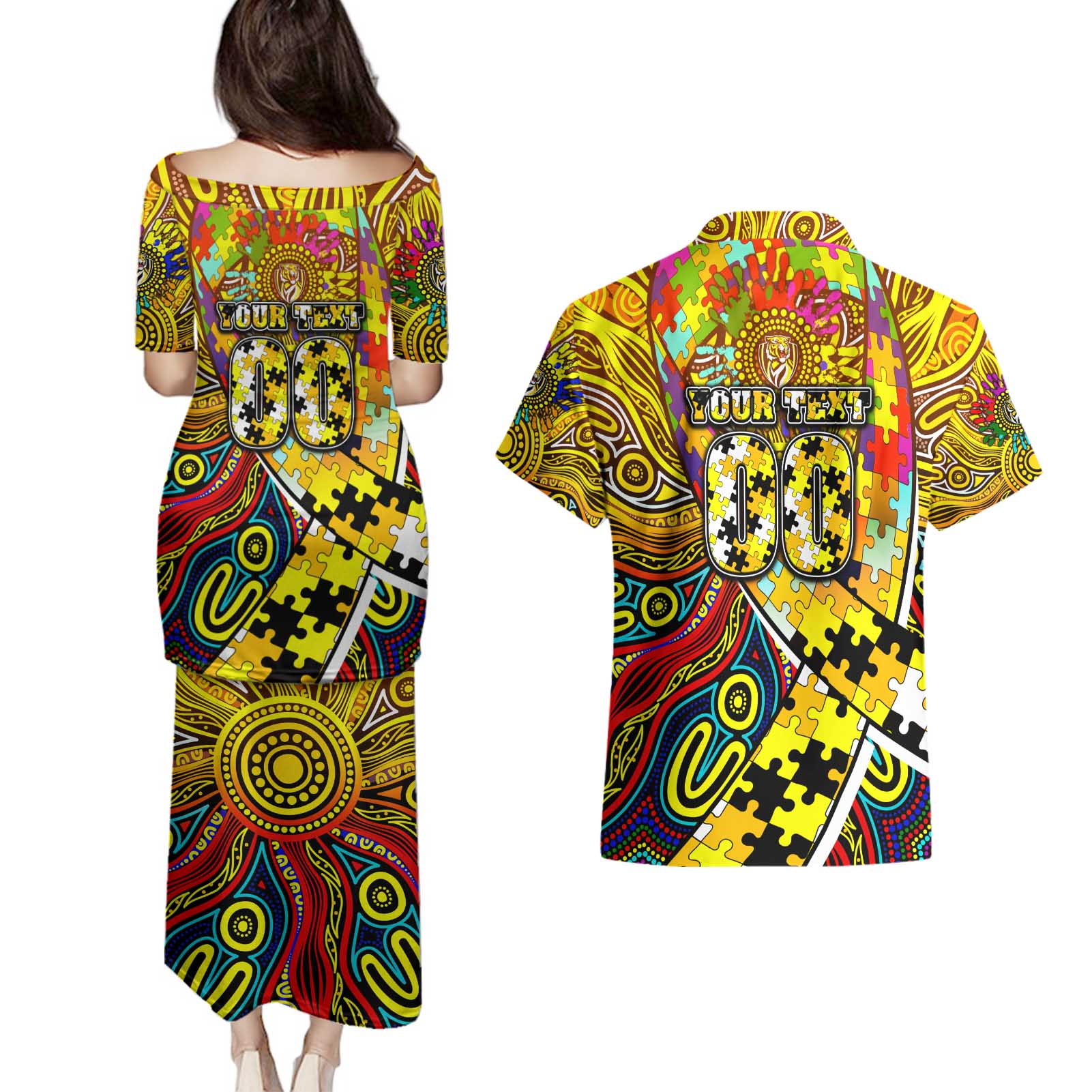 Autism Awareness Australia Richmond Tiger Couples Matching Puletasi and Hawaiian Shirt Aboriginal Indigenous Art