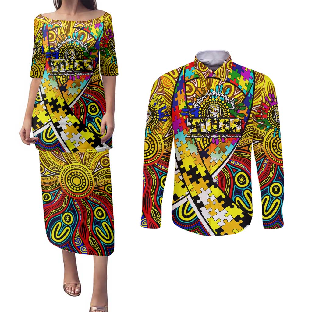 Autism Awareness Australia Richmond Tiger Couples Matching Puletasi and Long Sleeve Button Shirt Aboriginal Indigenous Art
