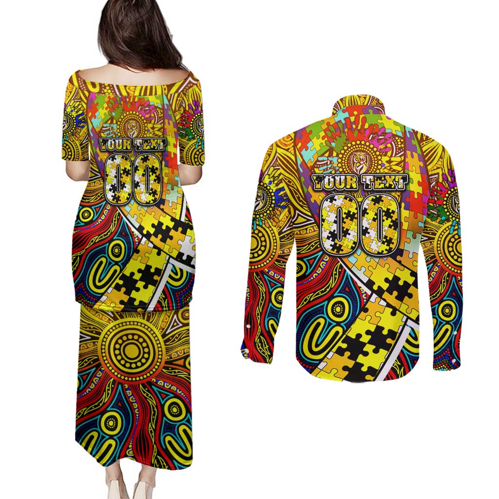 Autism Awareness Australia Richmond Tiger Couples Matching Puletasi and Long Sleeve Button Shirt Aboriginal Indigenous Art