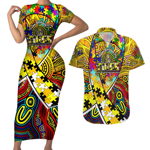 Autism Awareness Australia Richmond Tiger Couples Matching Short Sleeve Bodycon Dress and Hawaiian Shirt Aboriginal Indigenous Art