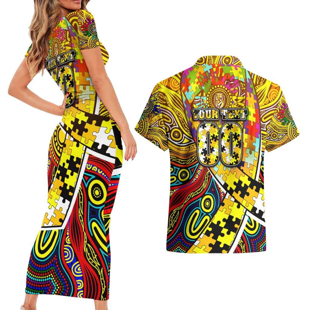Autism Awareness Australia Richmond Tiger Couples Matching Short Sleeve Bodycon Dress and Hawaiian Shirt Aboriginal Indigenous Art