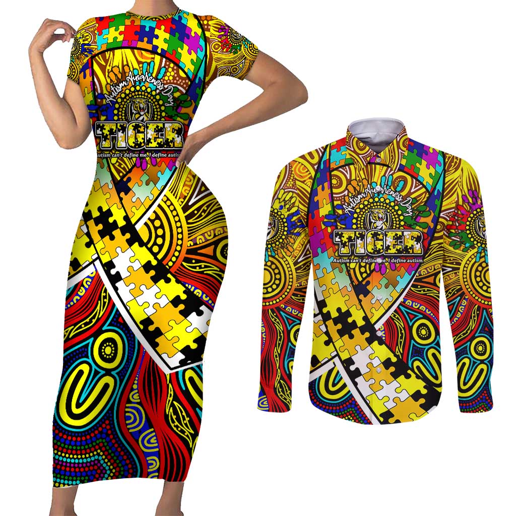 Autism Awareness Australia Richmond Tiger Couples Matching Short Sleeve Bodycon Dress and Long Sleeve Button Shirt Aboriginal Indigenous Art
