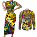 Autism Awareness Australia Richmond Tiger Couples Matching Short Sleeve Bodycon Dress and Long Sleeve Button Shirt Aboriginal Indigenous Art