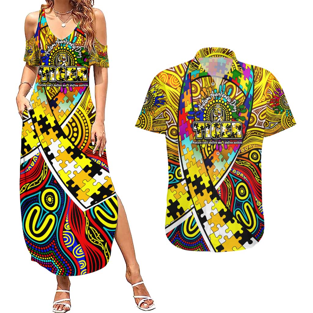 Autism Awareness Australia Richmond Tiger Couples Matching Summer Maxi Dress and Hawaiian Shirt Aboriginal Indigenous Art