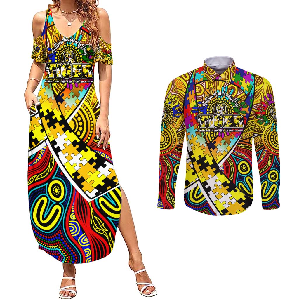Autism Awareness Australia Richmond Tiger Couples Matching Summer Maxi Dress and Long Sleeve Button Shirt Aboriginal Indigenous Art