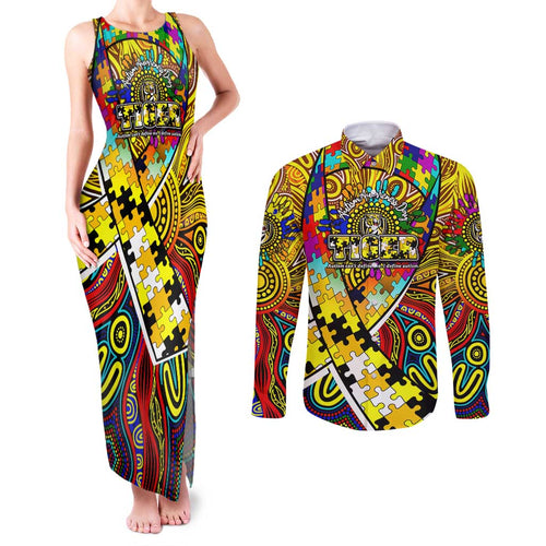 Autism Awareness Australia Richmond Tiger Couples Matching Tank Maxi Dress and Long Sleeve Button Shirt Aboriginal Indigenous Art