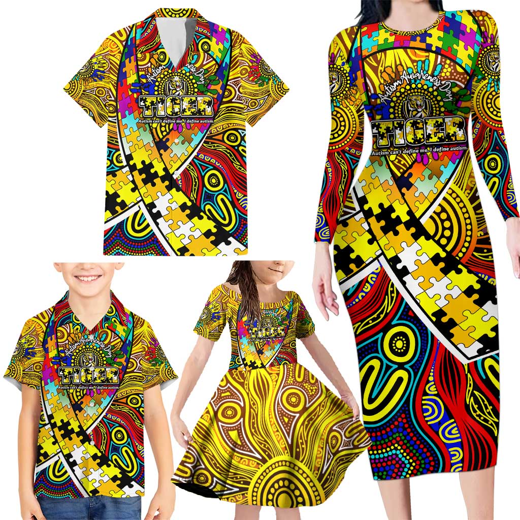 Autism Awareness Australia Richmond Tiger Family Matching Long Sleeve Bodycon Dress and Hawaiian Shirt Aboriginal Indigenous Art
