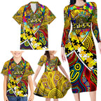 Autism Awareness Australia Richmond Tiger Family Matching Long Sleeve Bodycon Dress and Hawaiian Shirt Aboriginal Indigenous Art