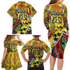 Autism Awareness Australia Richmond Tiger Family Matching Long Sleeve Bodycon Dress and Hawaiian Shirt Aboriginal Indigenous Art