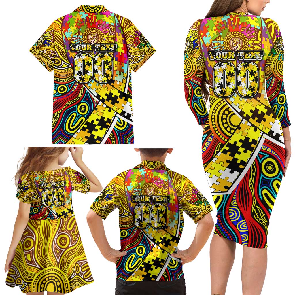 Autism Awareness Australia Richmond Tiger Family Matching Long Sleeve Bodycon Dress and Hawaiian Shirt Aboriginal Indigenous Art