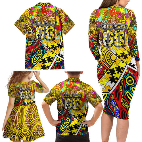 Autism Awareness Australia Richmond Tiger Family Matching Long Sleeve Bodycon Dress and Hawaiian Shirt Aboriginal Indigenous Art