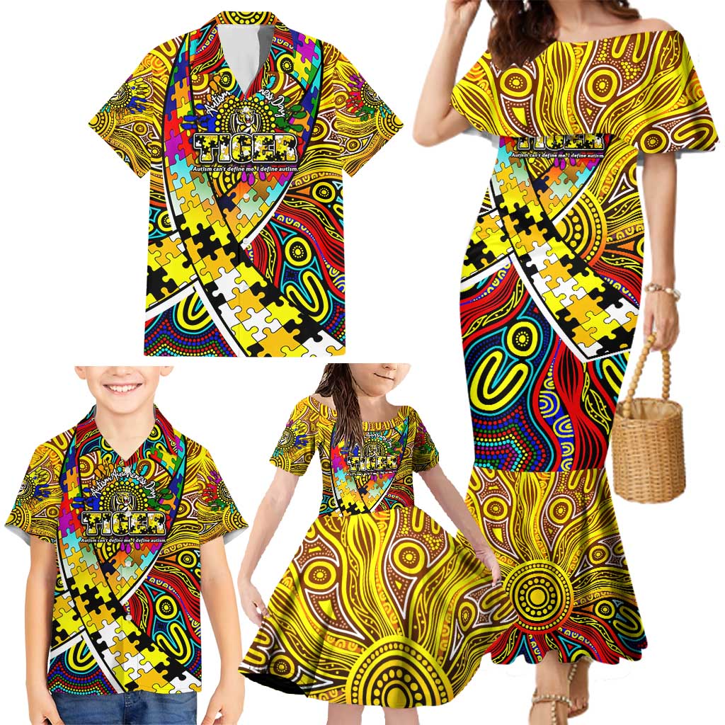 Autism Awareness Australia Richmond Tiger Family Matching Mermaid Dress and Hawaiian Shirt Aboriginal Indigenous Art