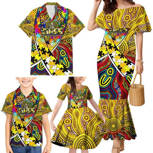 Autism Awareness Australia Richmond Tiger Family Matching Mermaid Dress and Hawaiian Shirt Aboriginal Indigenous Art