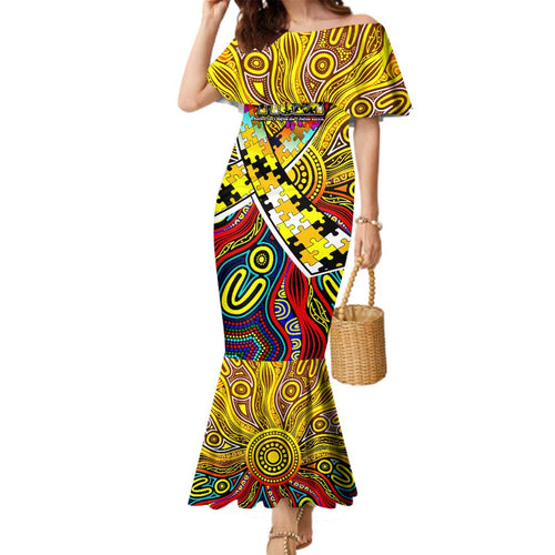 Autism Awareness Australia Richmond Tiger Family Matching Mermaid Dress and Hawaiian Shirt Aboriginal Indigenous Art