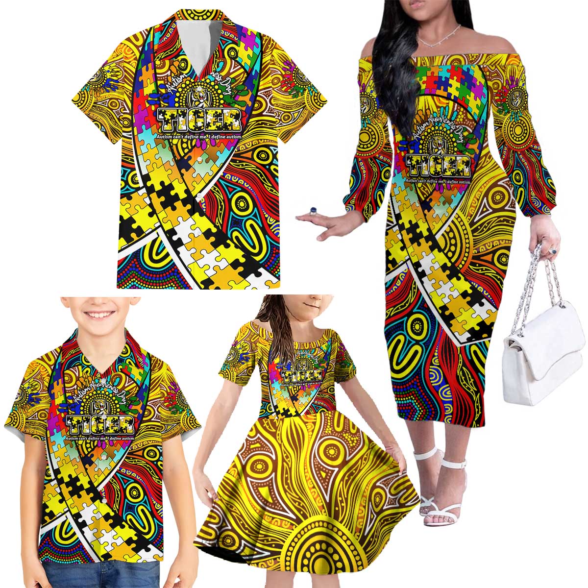 Autism Awareness Australia Richmond Tiger Family Matching Off The Shoulder Long Sleeve Dress and Hawaiian Shirt Aboriginal Indigenous Art