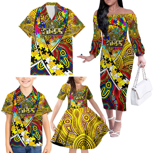 Autism Awareness Australia Richmond Tiger Family Matching Off The Shoulder Long Sleeve Dress and Hawaiian Shirt Aboriginal Indigenous Art