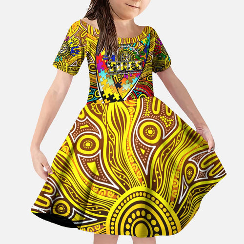 Autism Awareness Australia Richmond Tiger Family Matching Off The Shoulder Long Sleeve Dress and Hawaiian Shirt Aboriginal Indigenous Art