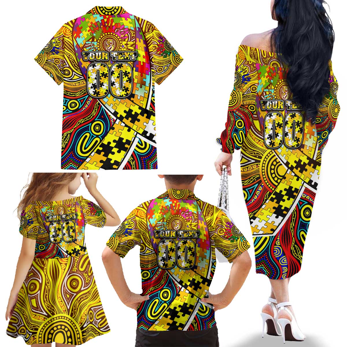 Autism Awareness Australia Richmond Tiger Family Matching Off The Shoulder Long Sleeve Dress and Hawaiian Shirt Aboriginal Indigenous Art