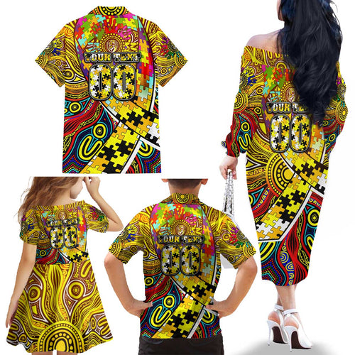 Autism Awareness Australia Richmond Tiger Family Matching Off The Shoulder Long Sleeve Dress and Hawaiian Shirt Aboriginal Indigenous Art