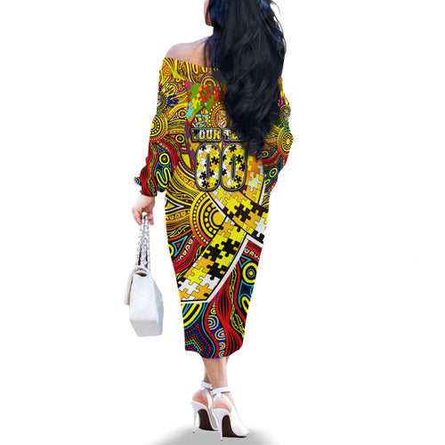 Autism Awareness Australia Richmond Tiger Family Matching Off The Shoulder Long Sleeve Dress and Hawaiian Shirt Aboriginal Indigenous Art