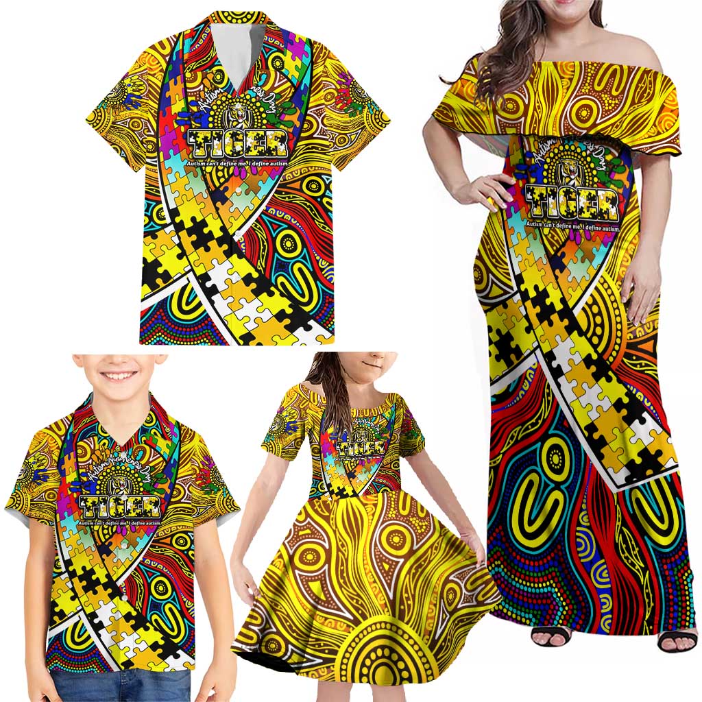 Autism Awareness Australia Richmond Tiger Family Matching Off Shoulder Maxi Dress and Hawaiian Shirt Aboriginal Indigenous Art