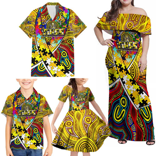 Autism Awareness Australia Richmond Tiger Family Matching Off Shoulder Maxi Dress and Hawaiian Shirt Aboriginal Indigenous Art