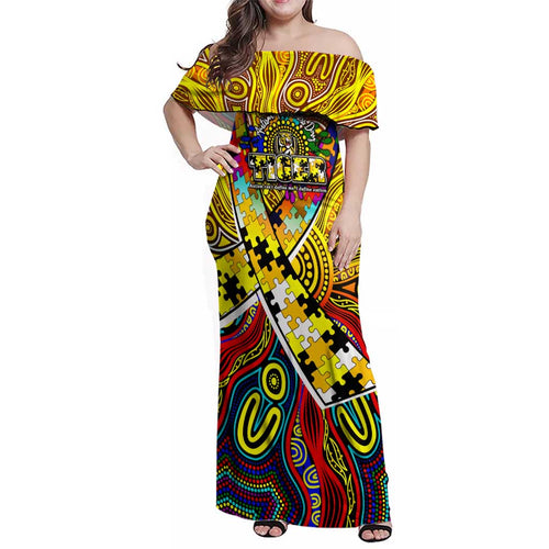 Autism Awareness Australia Richmond Tiger Family Matching Off Shoulder Maxi Dress and Hawaiian Shirt Aboriginal Indigenous Art