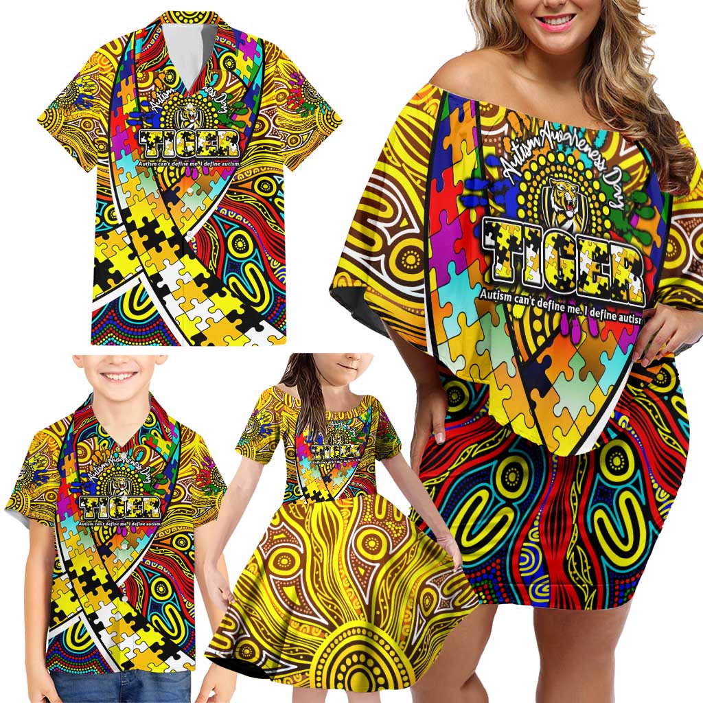 Autism Awareness Australia Richmond Tiger Family Matching Off Shoulder Short Dress and Hawaiian Shirt Aboriginal Indigenous Art