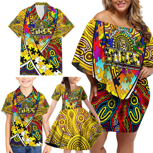 Autism Awareness Australia Richmond Tiger Family Matching Off Shoulder Short Dress and Hawaiian Shirt Aboriginal Indigenous Art