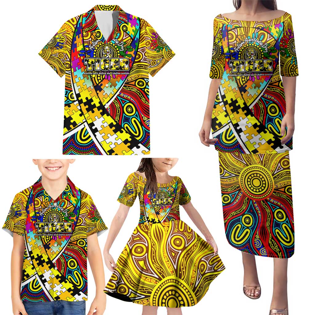 Autism Awareness Australia Richmond Tiger Family Matching Puletasi and Hawaiian Shirt Aboriginal Indigenous Art