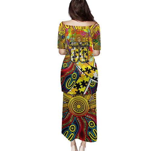 Autism Awareness Australia Richmond Tiger Family Matching Puletasi and Hawaiian Shirt Aboriginal Indigenous Art